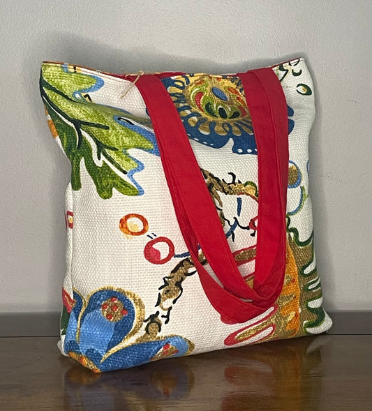 Tote Bag - Red florals with Red Lining