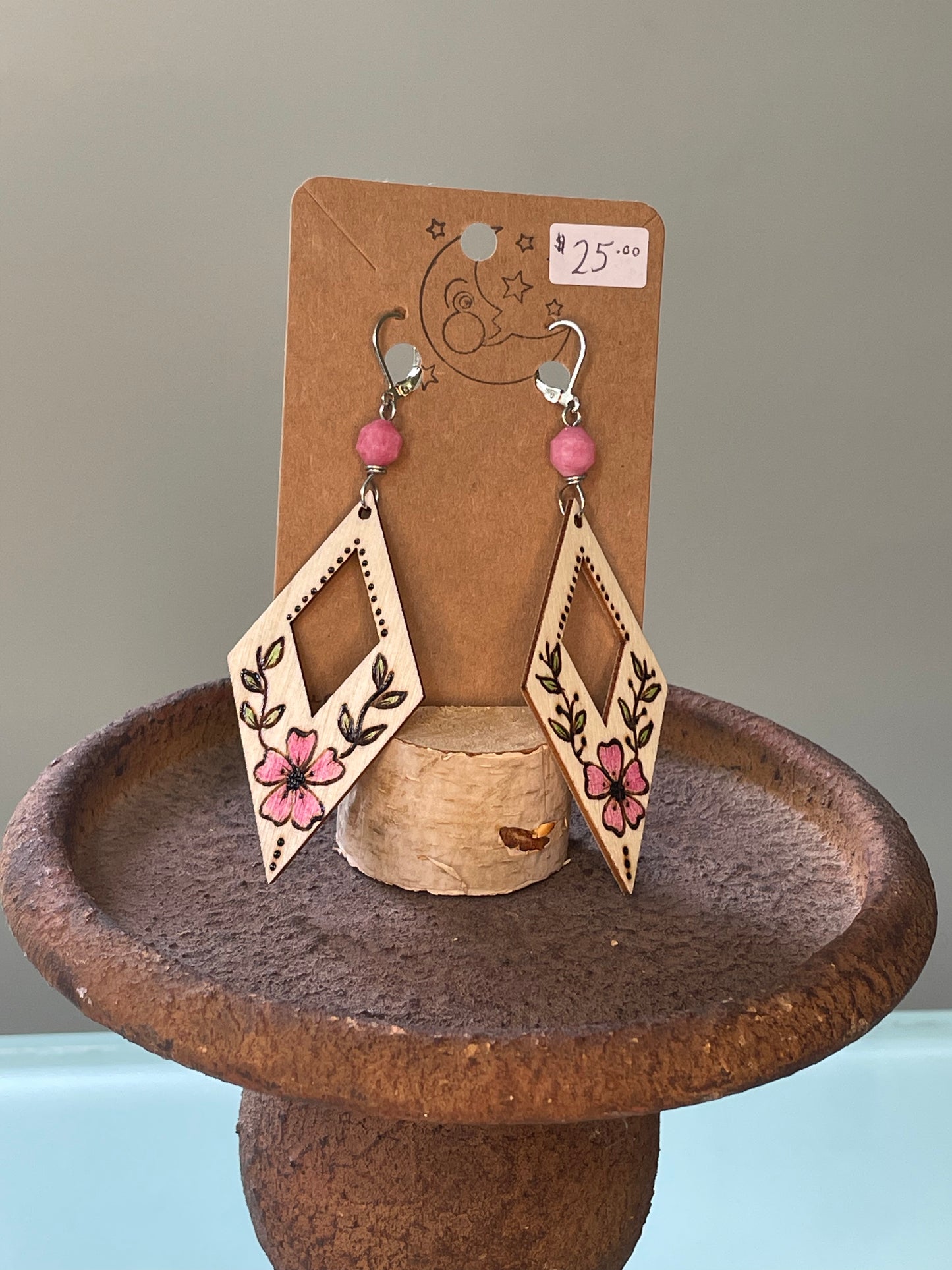 Wooden Diamond Flower Earrings